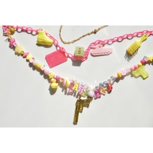 Triple row choker necklace pink yellow and golden
