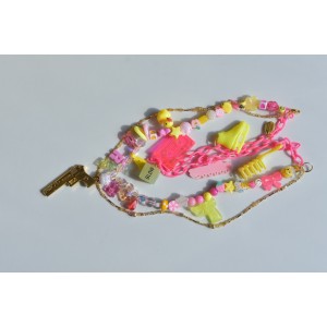 Party necklace choker multi row pink and yellow with beads and chain