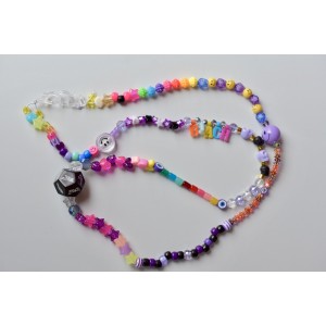 Long collier en perles mauves et multicolores
