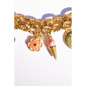 Collier maillons et charms breloques or fleurs , glace ...