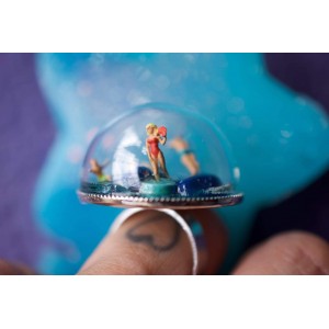 Sphere ring with tiny people diorama
