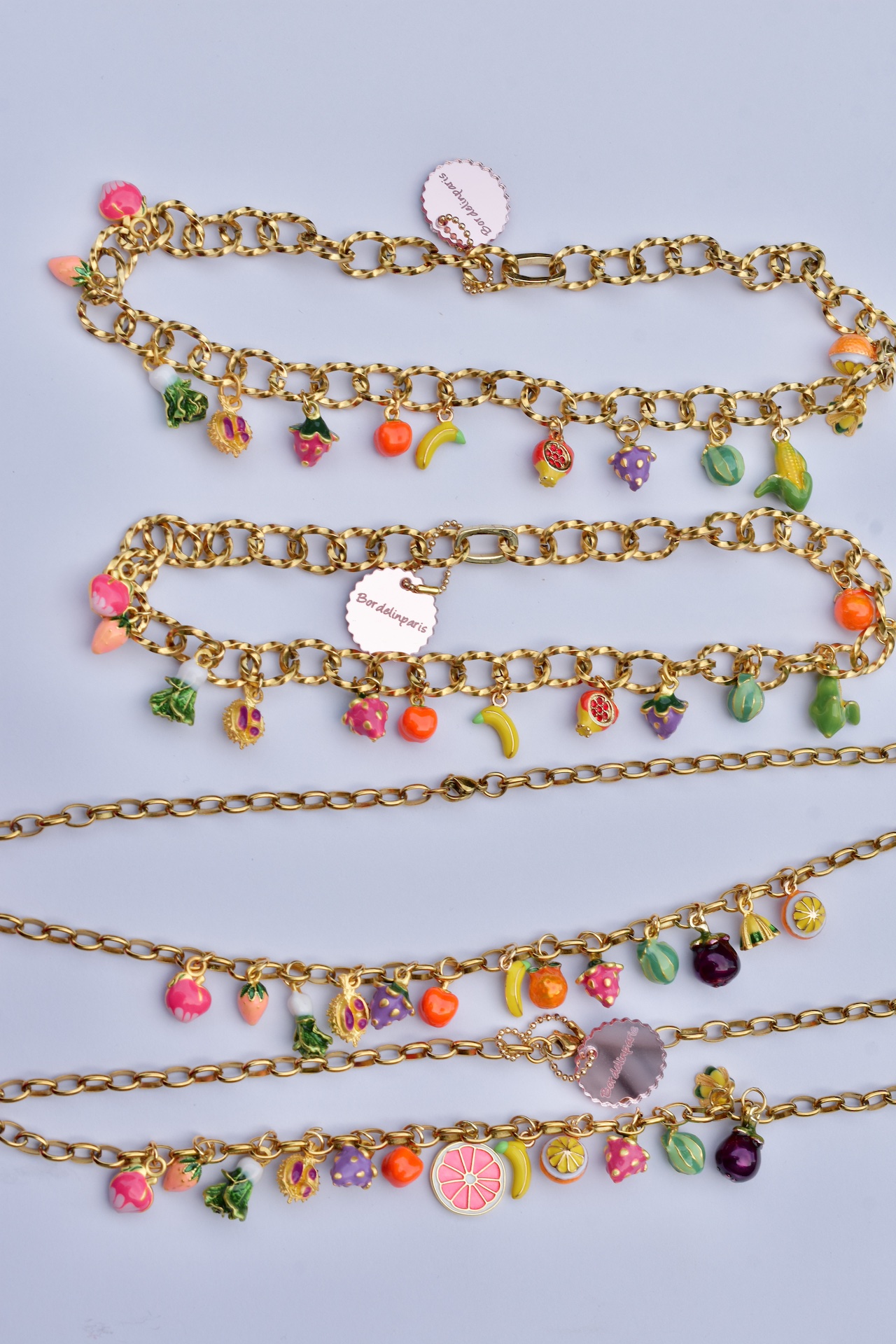 Fruit charm necklace and large gold link chain